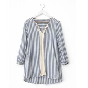 Kori America Blue White Stripe Tunic Top Small V-Neck Boho Long Sleeve Woven